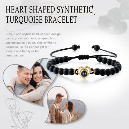 Pulsera de turquesa negra sintética con proyección de foto en color con dije de corazón pulsera ajustable-Jessemade ES