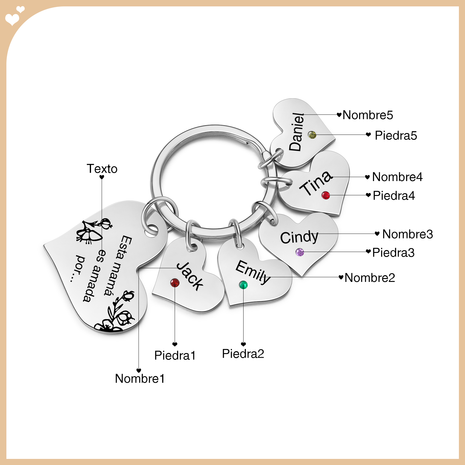A mi mamá/abuela - Llavero con 5 nombres y piedras de nacimiento personalizados en corazones con texto-Jessemade ES