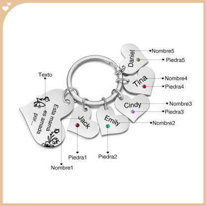 A mi mamá/abuela - Llavero con 5 nombres y piedras de nacimiento personalizados en corazones con texto-Jessemade ES