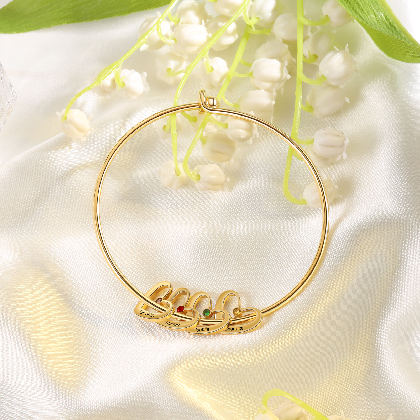 Pulsera 2-6 nombres y piedras de nacimiento personalizados con colgantes de corazón oro-Jessemade ES