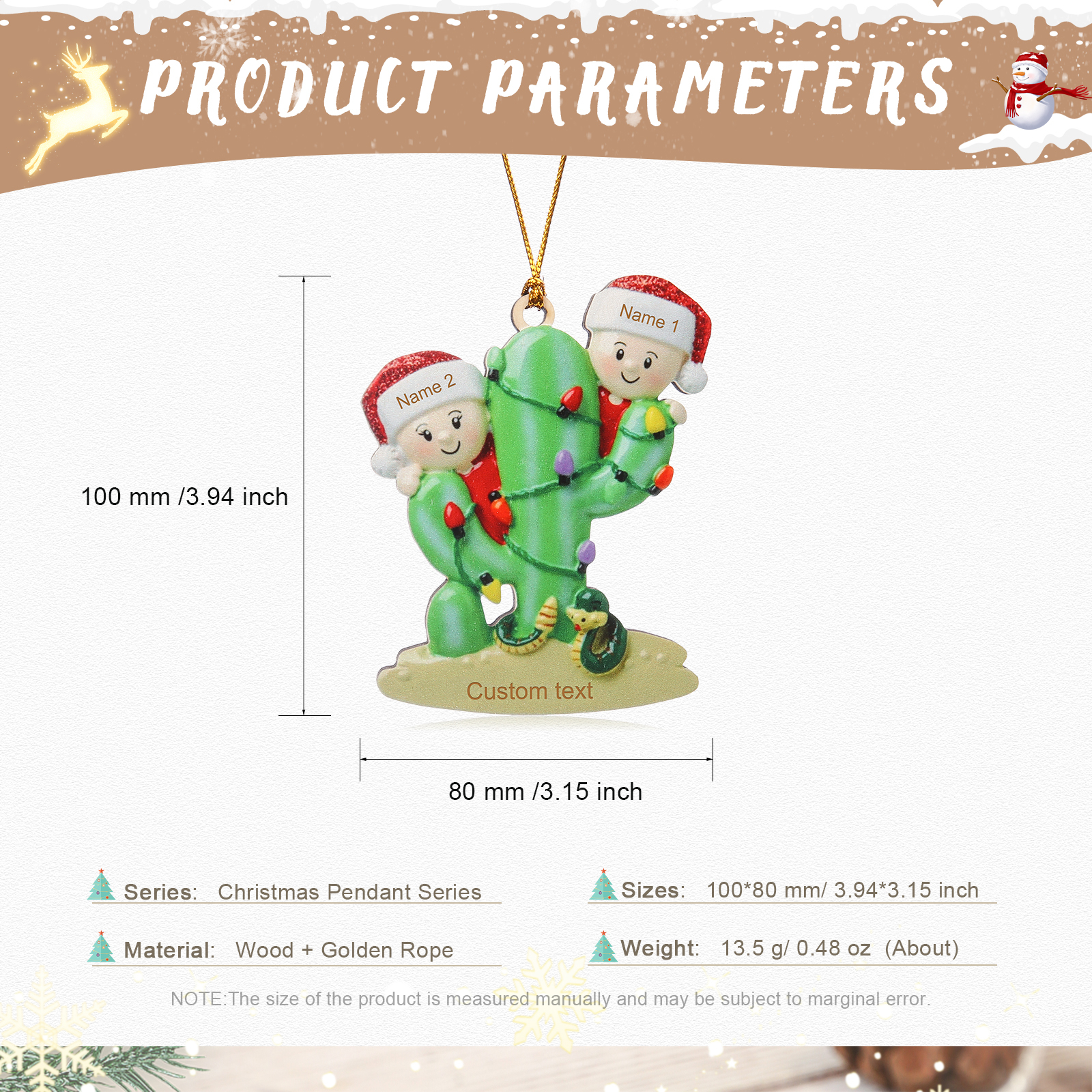 Navidad-Ornamento muñecos navideño de madera cactus 2 nombres y 1 texto personalizados adorno del árbol-Jessemade ES