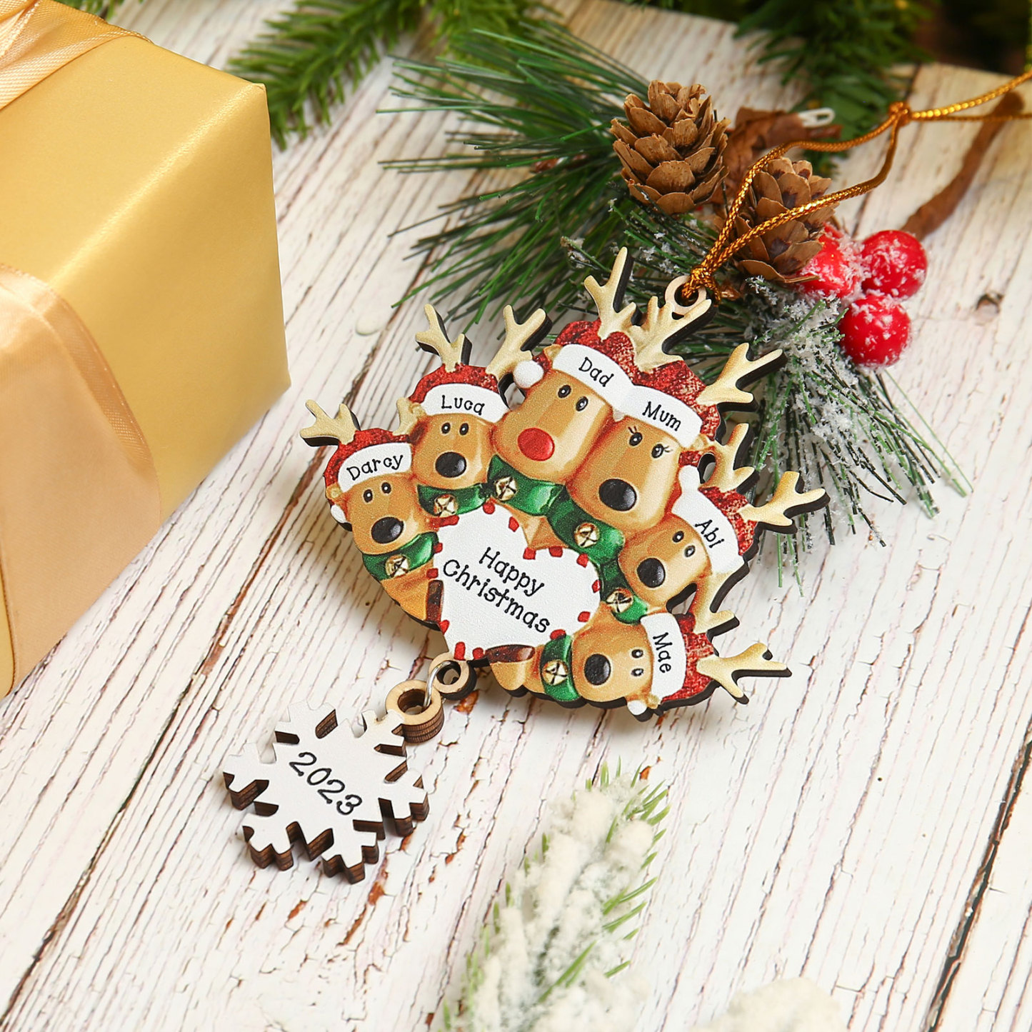 Navidad-Ornamentos Navideños de Madera Renos 6 Nombres con Texto y Año Personalizados