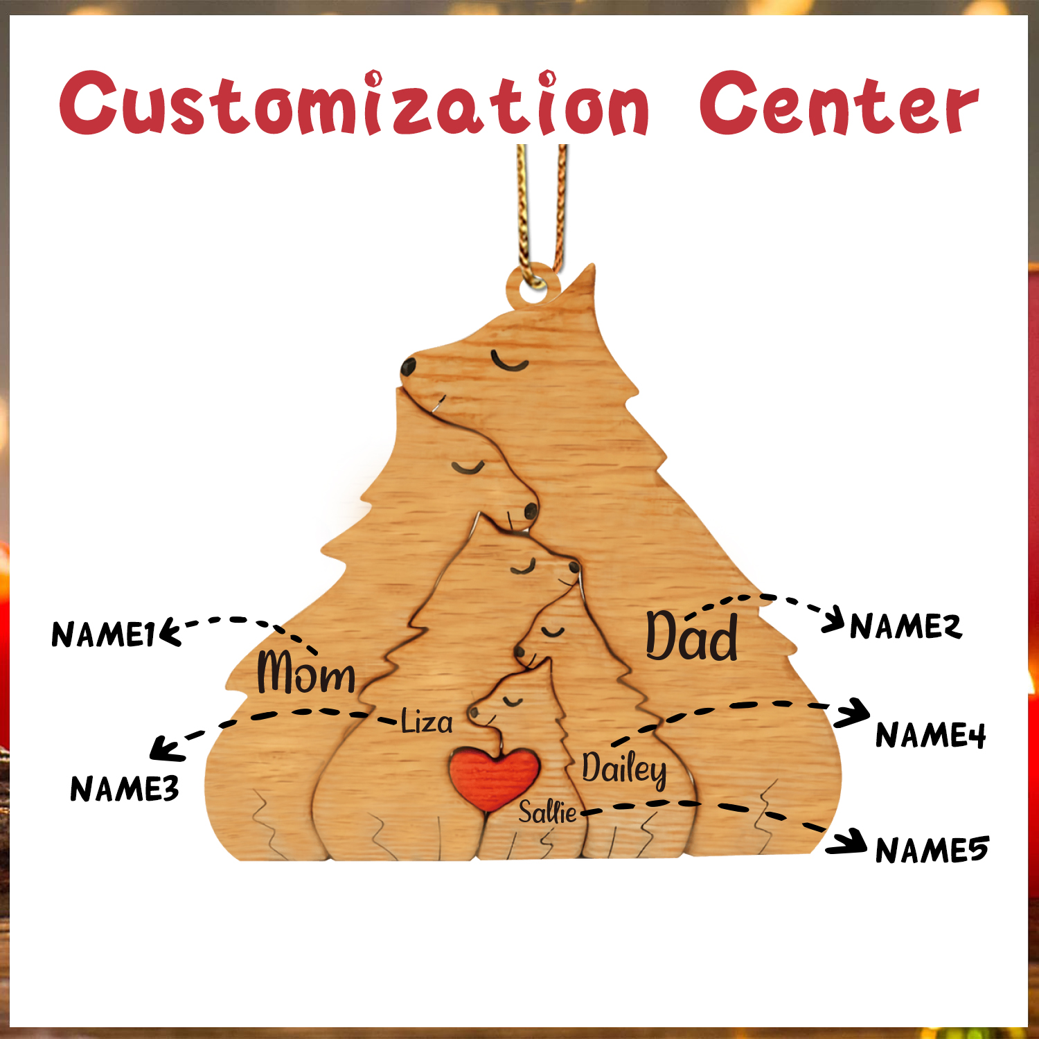 Navidad-Ornamento muñecos navideño de madera familia de zorros 5 nombres personalizados adorno del árbol-Jessemade ES