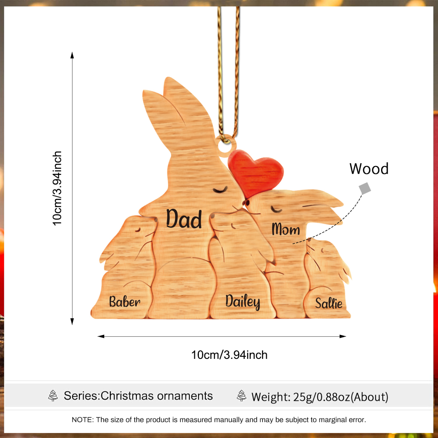 Navidad-Ornamento muñecos navideño de madera familia de conejos 5 nombres personalizados adorno del árbol-Jessemade ES