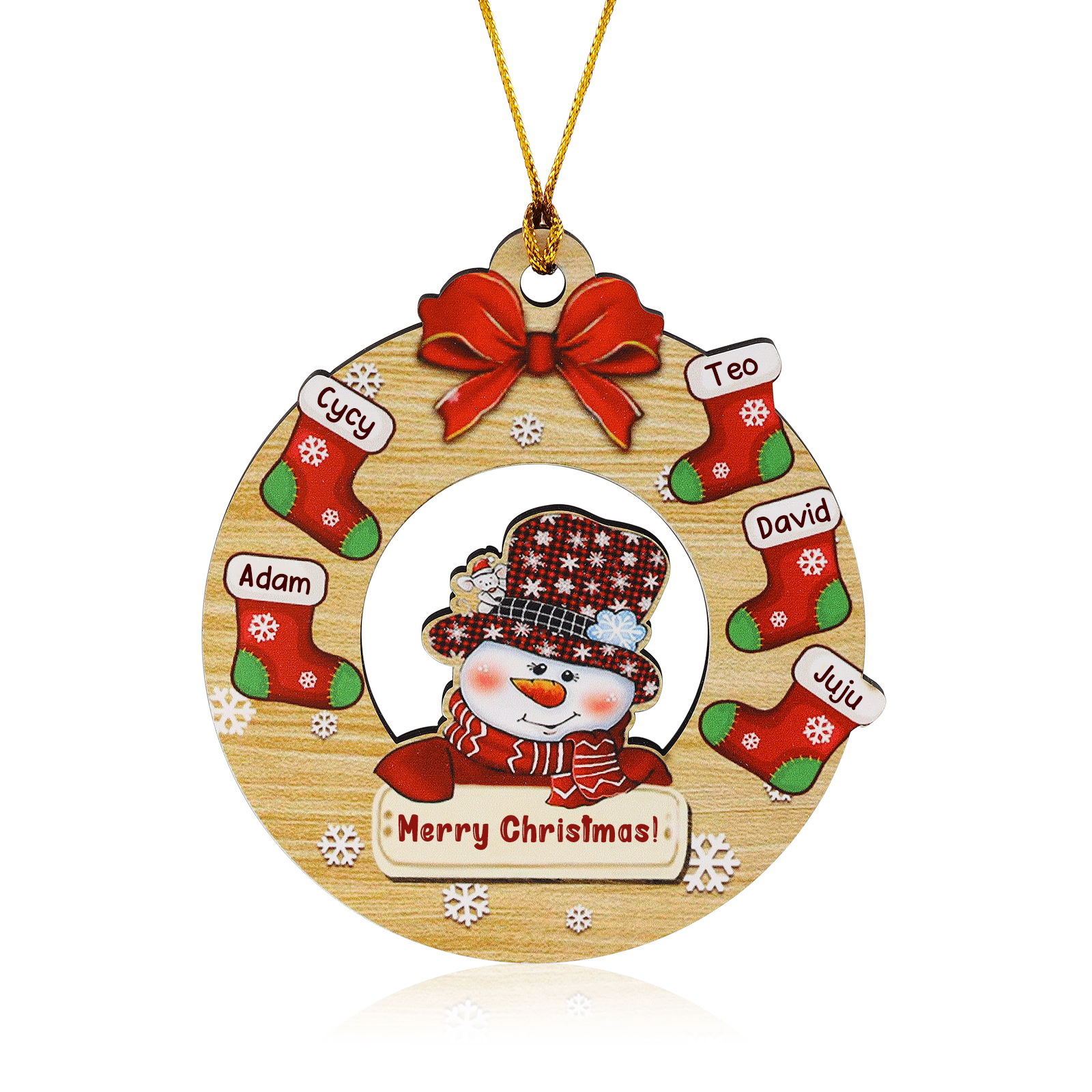 Navidad-Ornamentos Navideños de Madera Muñecos de Nieve y Calcetines 5 Nombres con Texto Personalizados-Jessemade ES