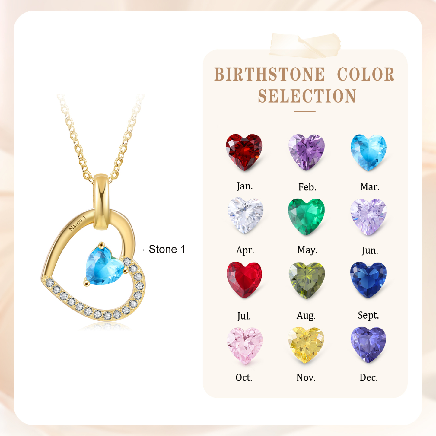 Collar corazones con 1-3 nombres personalizados y 1-3 piedras de nacimiento-Jessemade ES