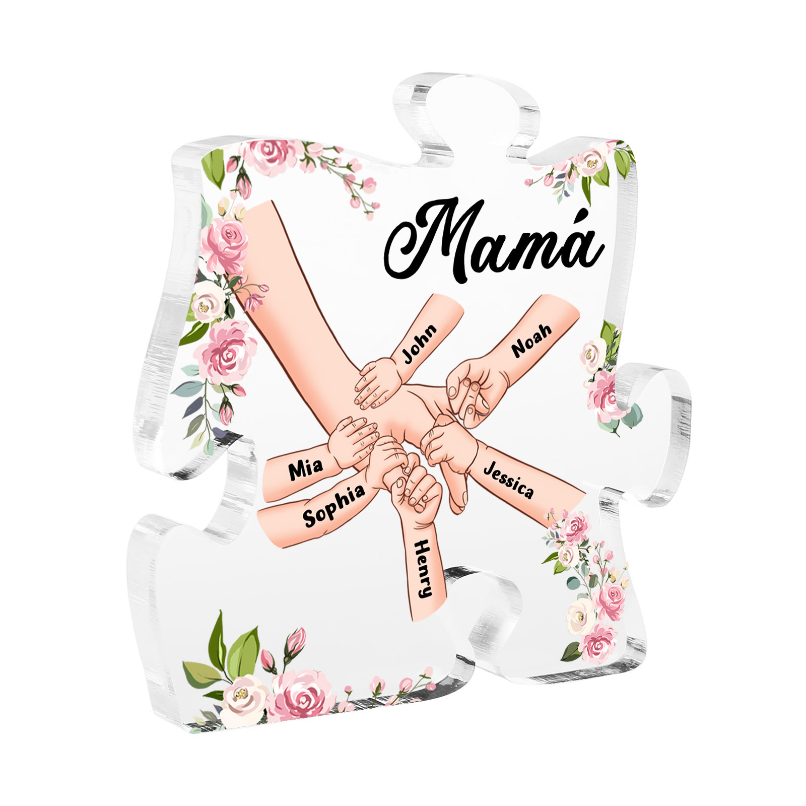 A mi mamá/abuela-Placa de acrílico en forma de corazón mano a mano con 1 texto y 6 nombres personalizados | Jessemade