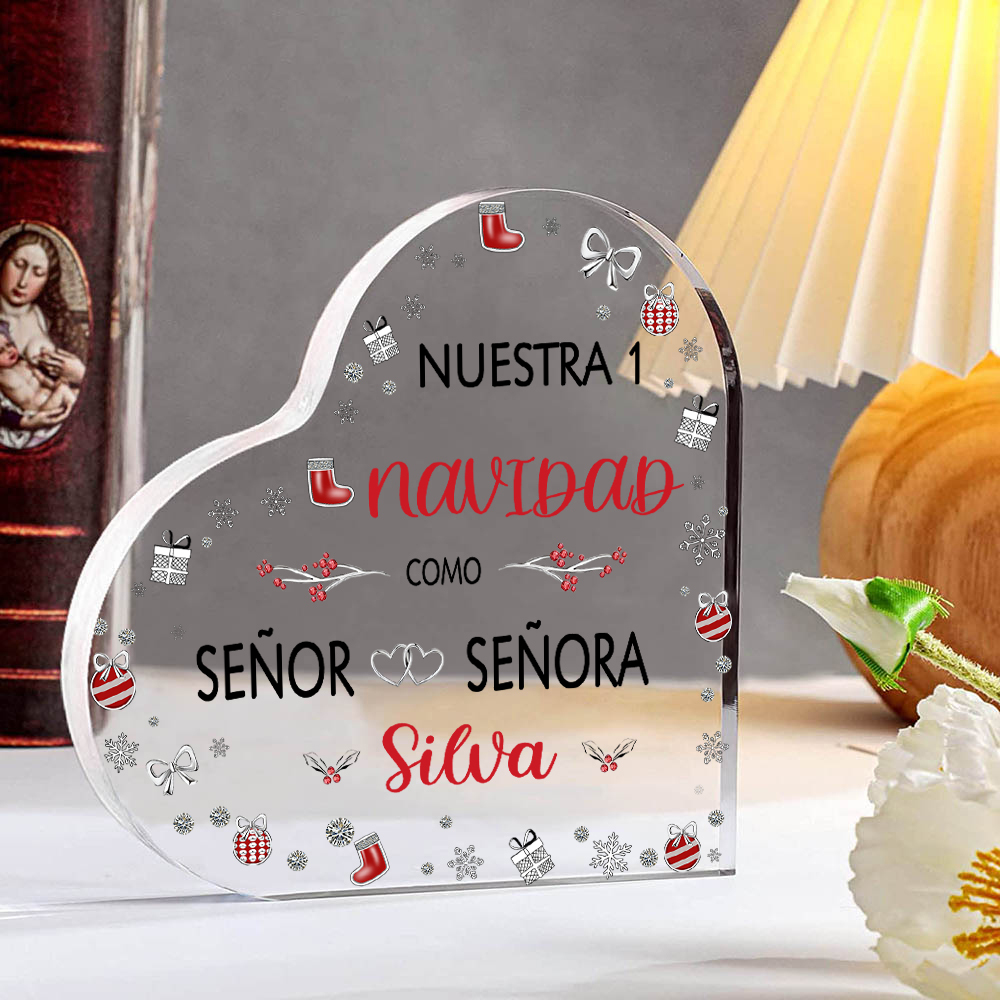 Navidad-Placa de acrílico en forma de corazón aniversario de navidad con número y apellido personalizados-Jessemade ES