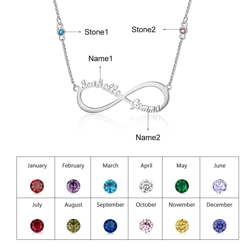Collar para Mujer de "infinito" 2 Nombres y 2 Piedras de Nacimiento Personalizados
