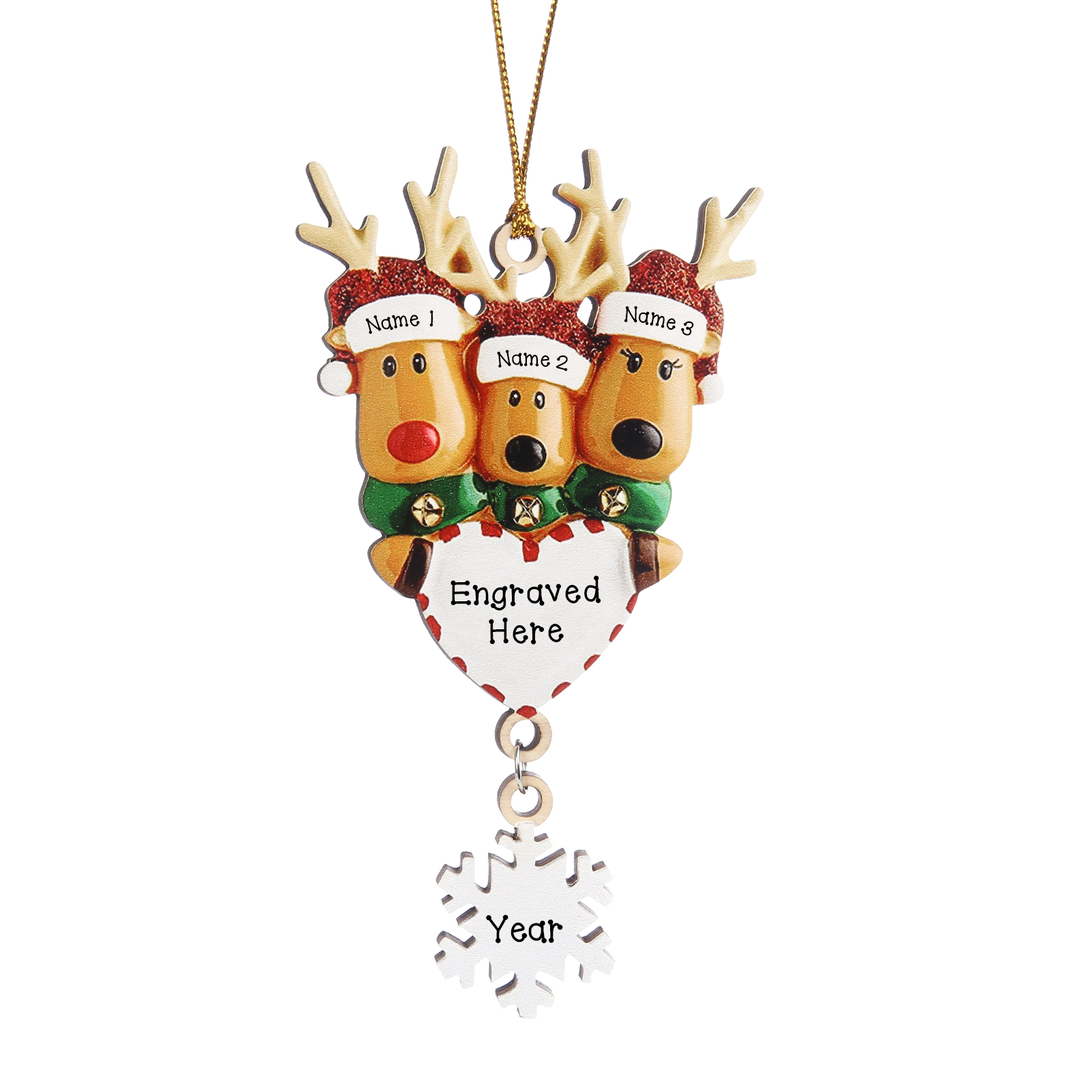 Navidad-Ornamentos Navideños de Madera Renos 3 Nombres con Texto y Año Personalizados