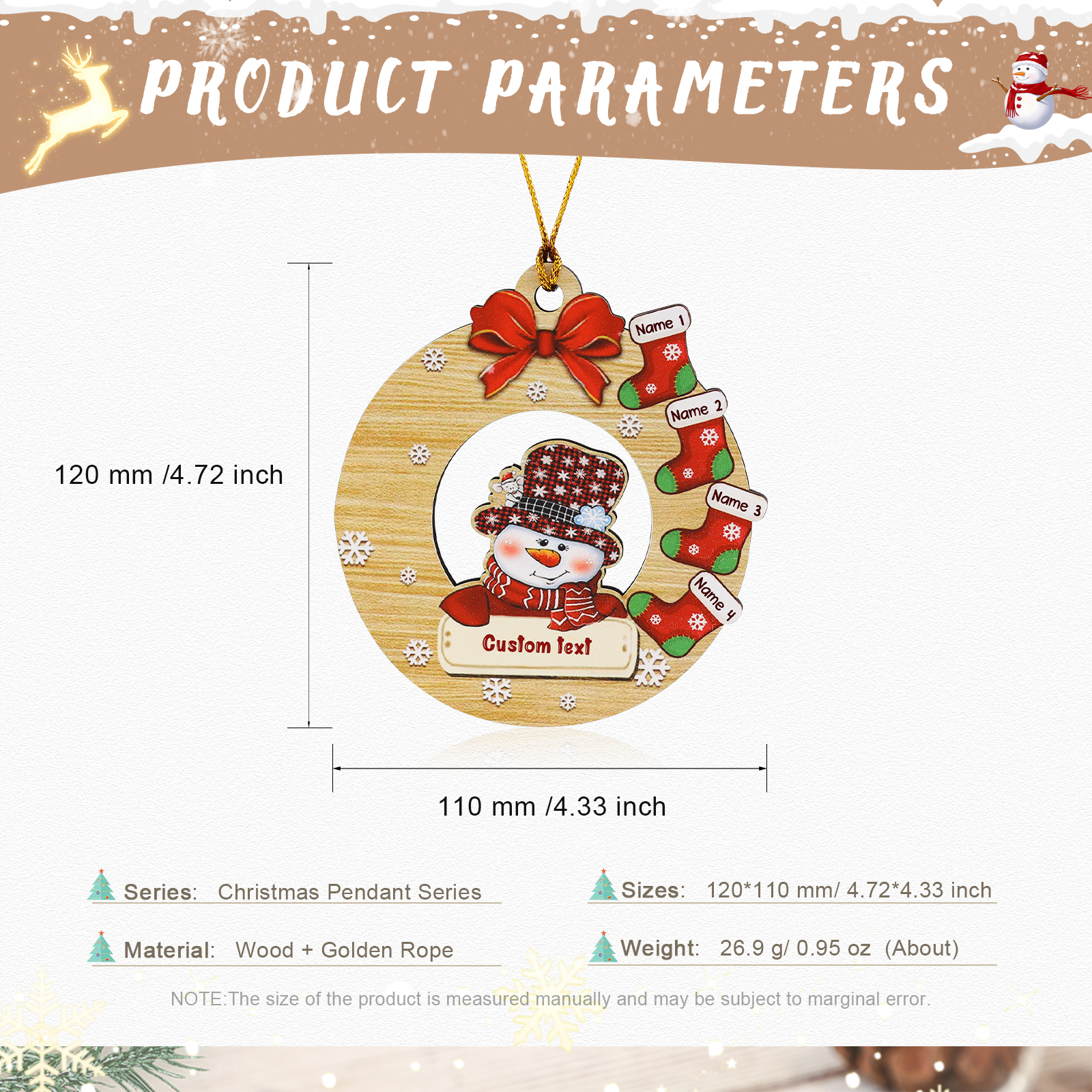 Navidad-Ornamentos Navideños de Madera Muñecos de Nieve y Calcetines 4 Nombres con Texto Personalizados-Jessemade ES