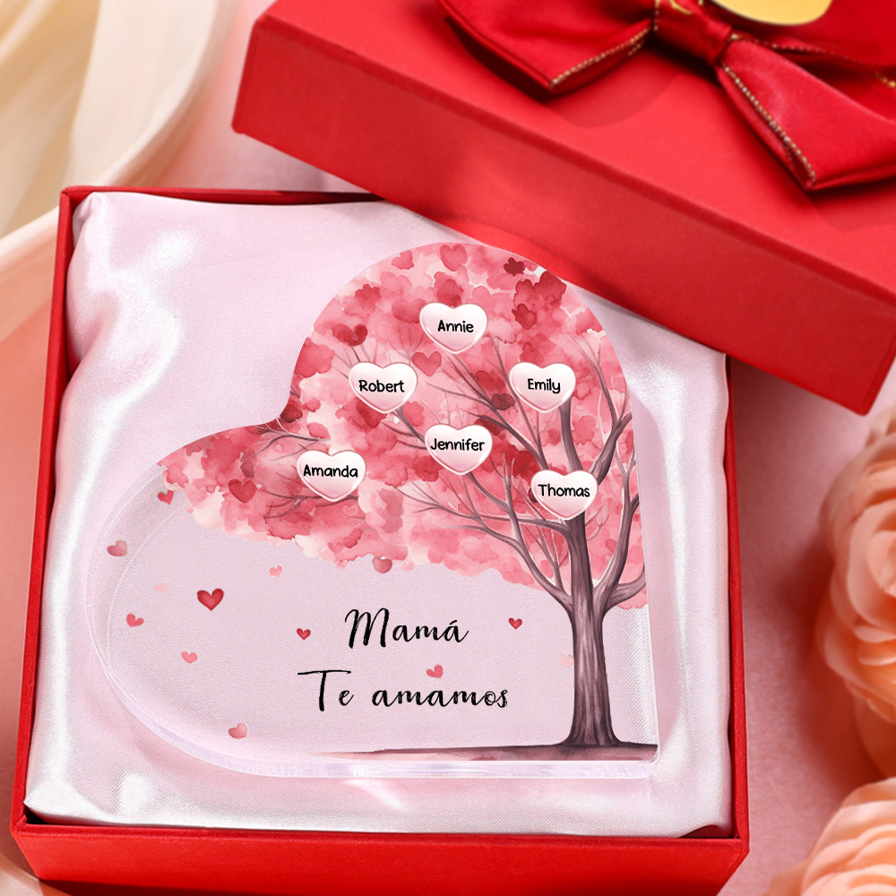 A mi mamá/abuela-Placa de acrílico "Árbol" en forma de corazón 6 nombres y 1 texto personalizados-Jessemade ES