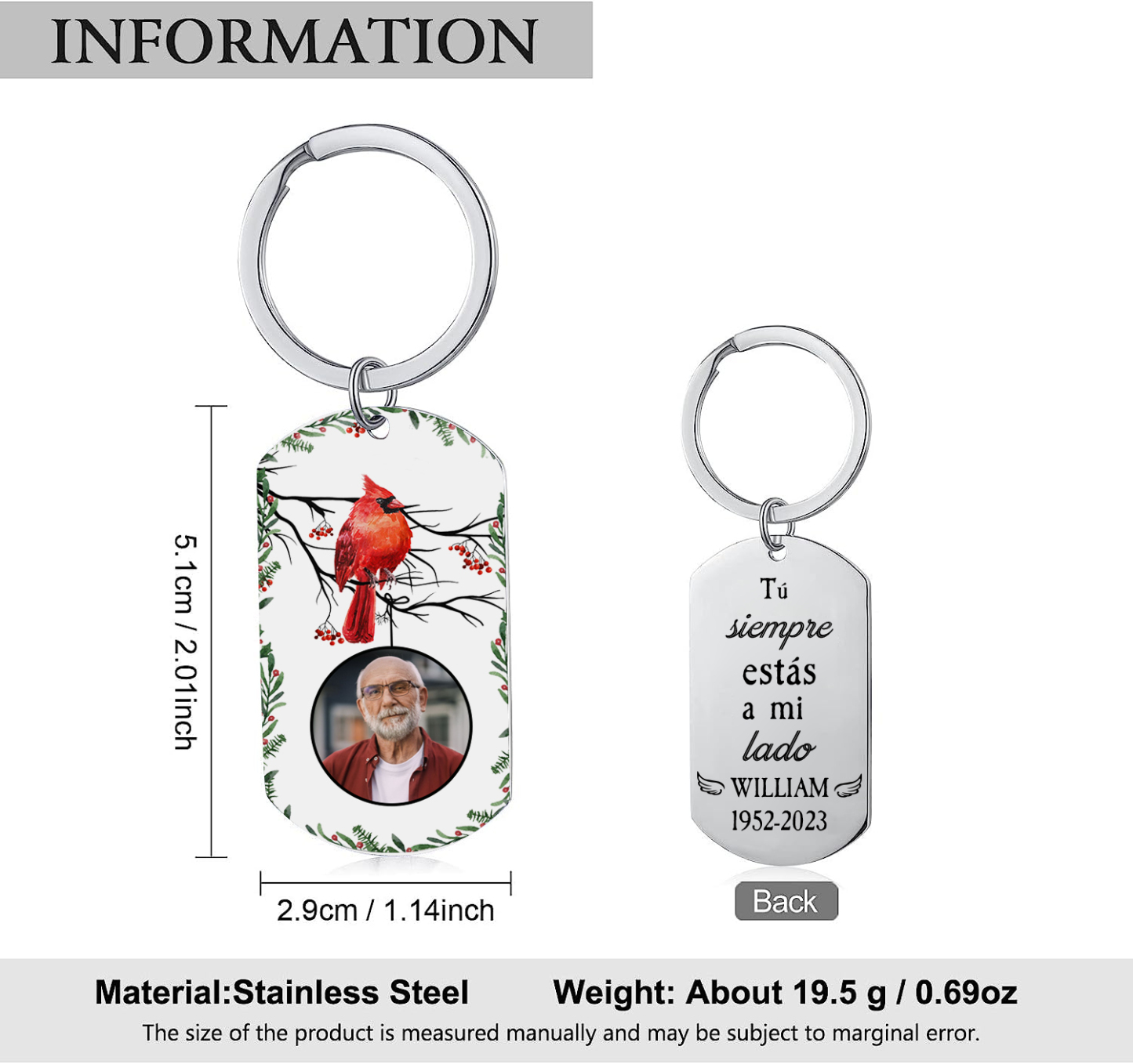 Llavero conmemorativo a un ser querido personalizado con foto, nombre y años-Jessemade ES