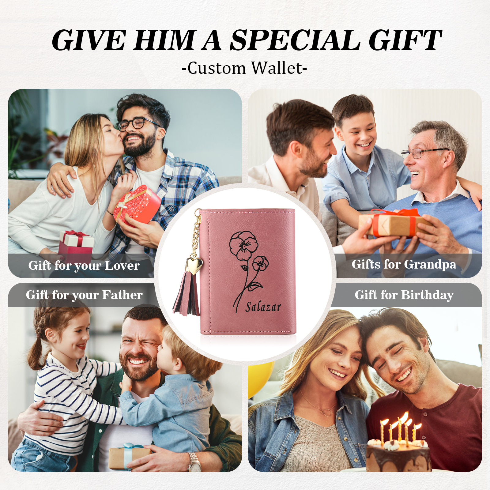 Cartera, billetera con 1 nombre, 1 flor de nacimiento y 1 texto personalizados monedero clásico para mujer-Jessemade ES