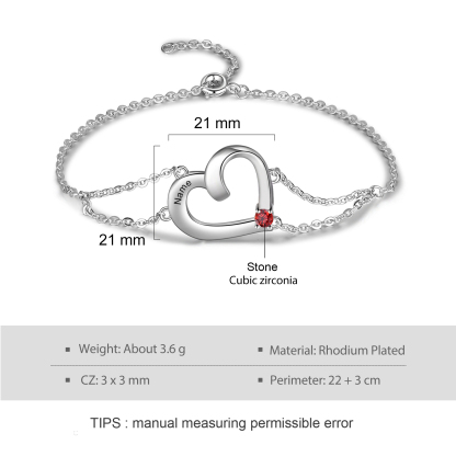Pulsera para mujer de corazón con 1 nombre personalizado con 1 piedra de nacimiento