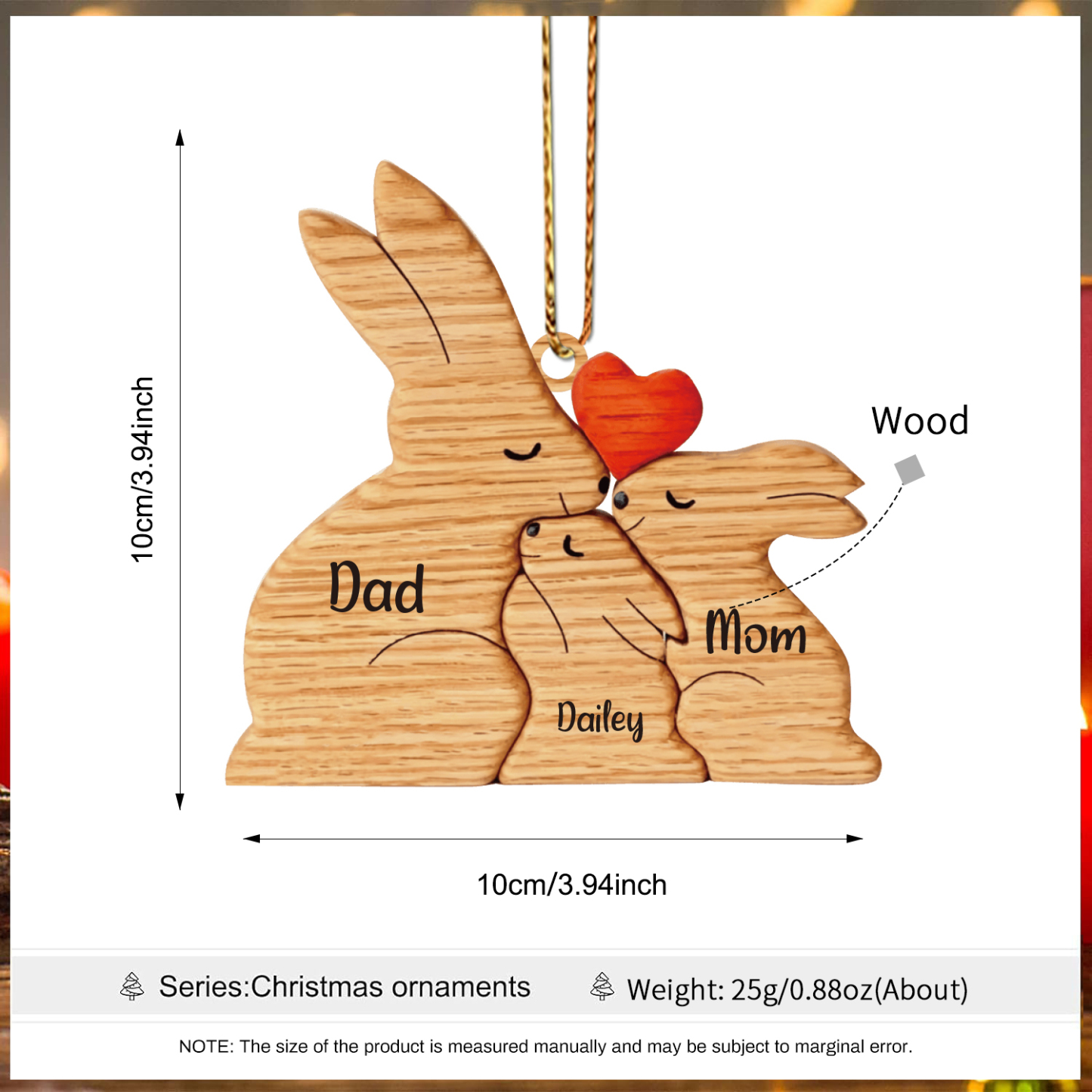 Navidad-Ornamento muñecos navideño de madera familia de conejos 3 nombres personalizados adorno del árbol-Jessemade ES