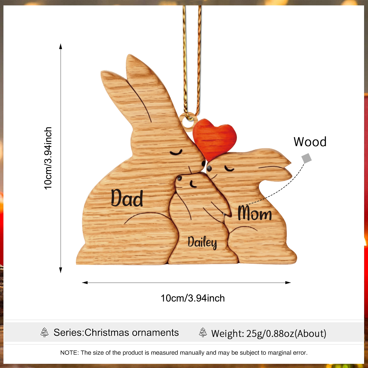 Navidad-Ornamento muñecos navideño de madera familia de conejos 3 nombres personalizados adorno del árbol-Jessemade ES