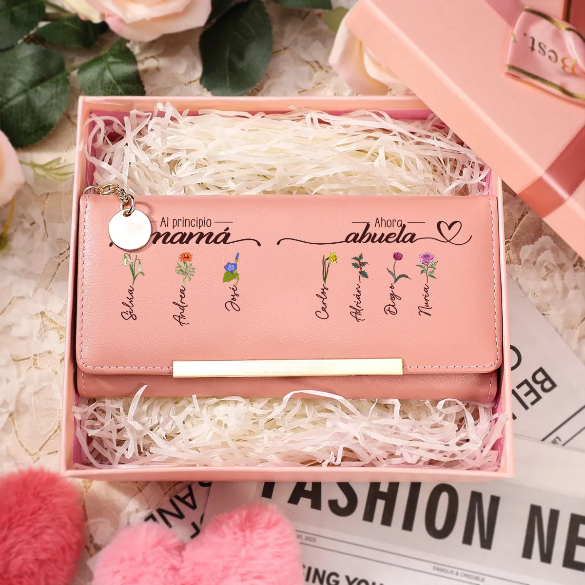 Cartera de cuero personalizable con nombres y flores de nacimiento, regalo para el Día de la Madre para niñera, mamá, abuela, recuerdo práctico | Jessemade