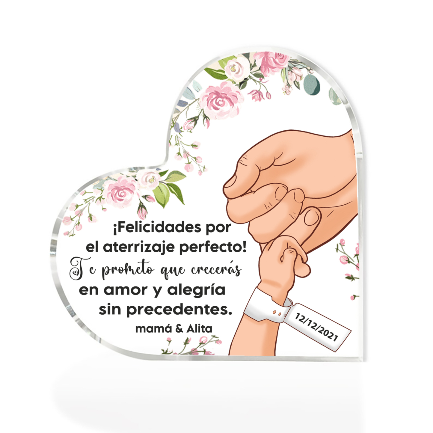 Placa de acrílico en forma de corazón con 1 texto y fecha personalizados para nuevo nacimiento