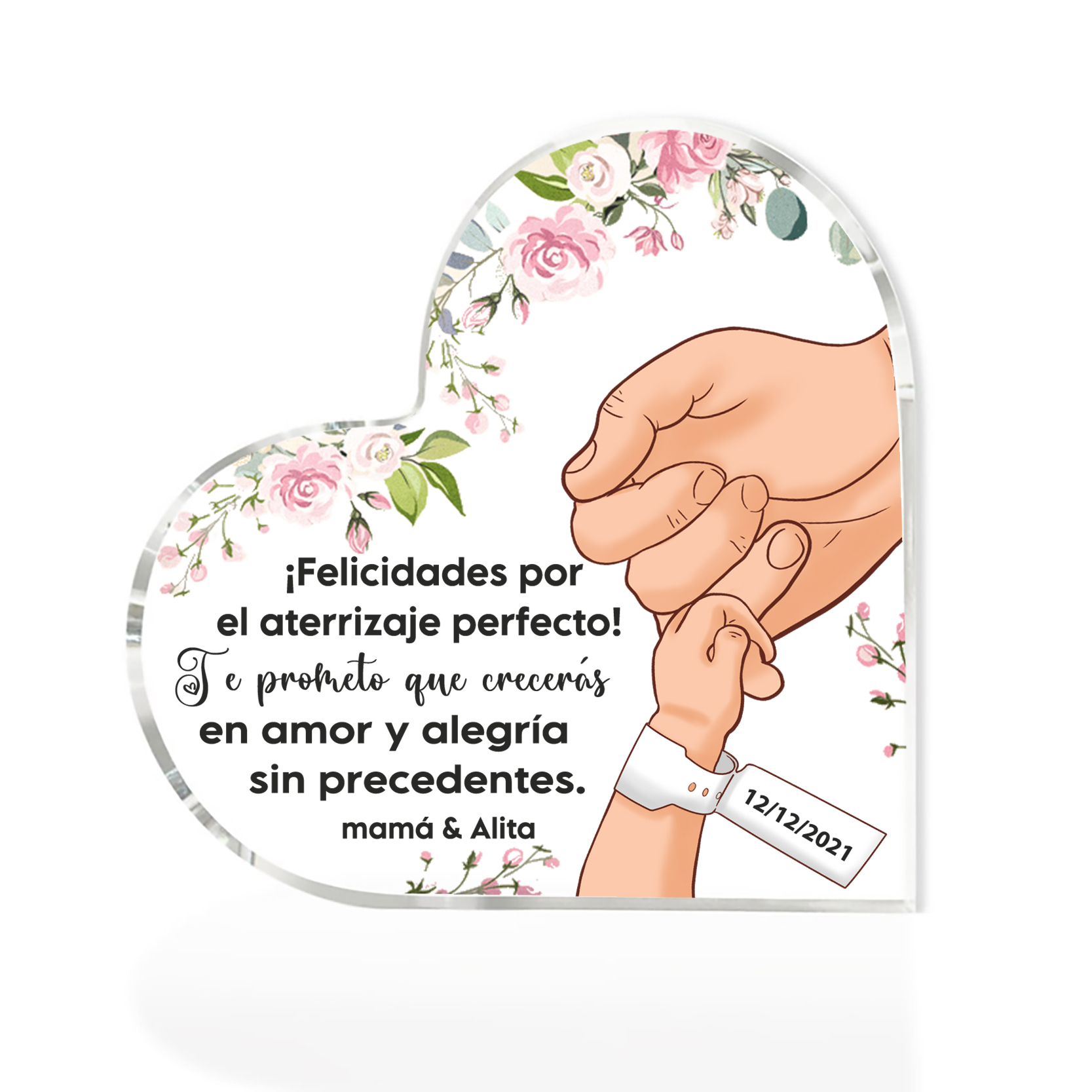 Placa de acrílico en forma de corazón con 1 texto y fecha personalizados para nuevo nacimiento