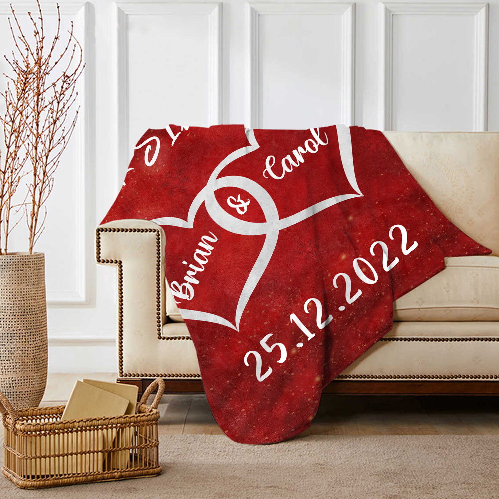 Pareja-Manta de buen calidad de corazones conectados personalizada con nombres y fecha-Jessemade ES