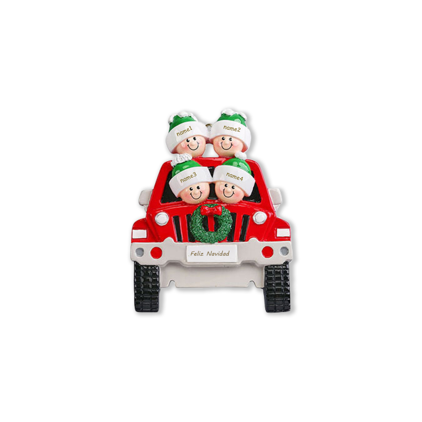 Navidad-Ornamentos con Muñecos Navideños en Coche 4 Nombres con Texto 