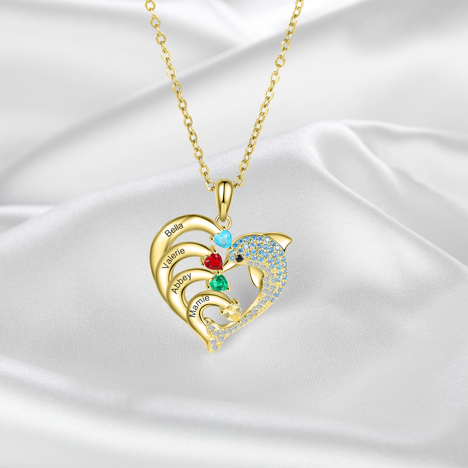 Collar para mujer en corazón delfín 4 nombres y 4 piedras de nacimiento personalizados
