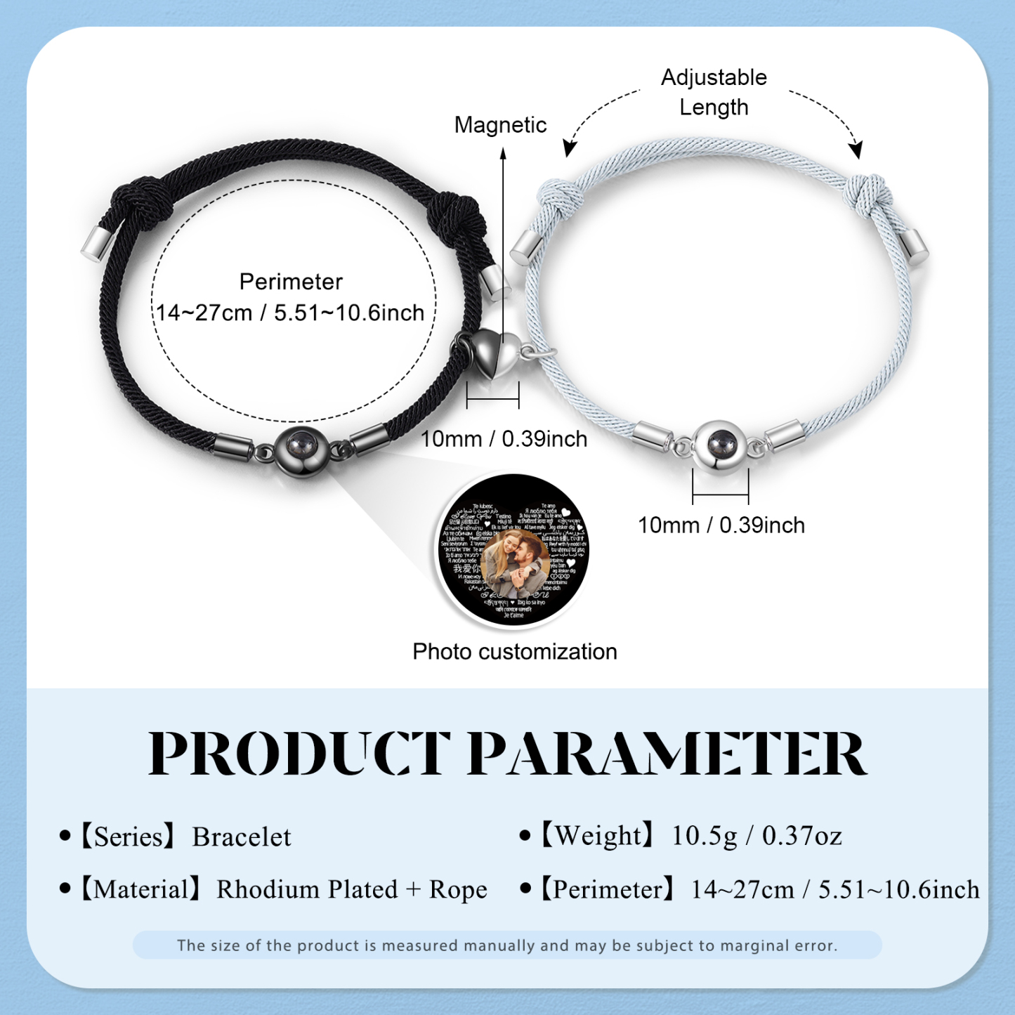Pulsera para pareja con proyección de foto con dije de corazón magnético-Jessemade ES