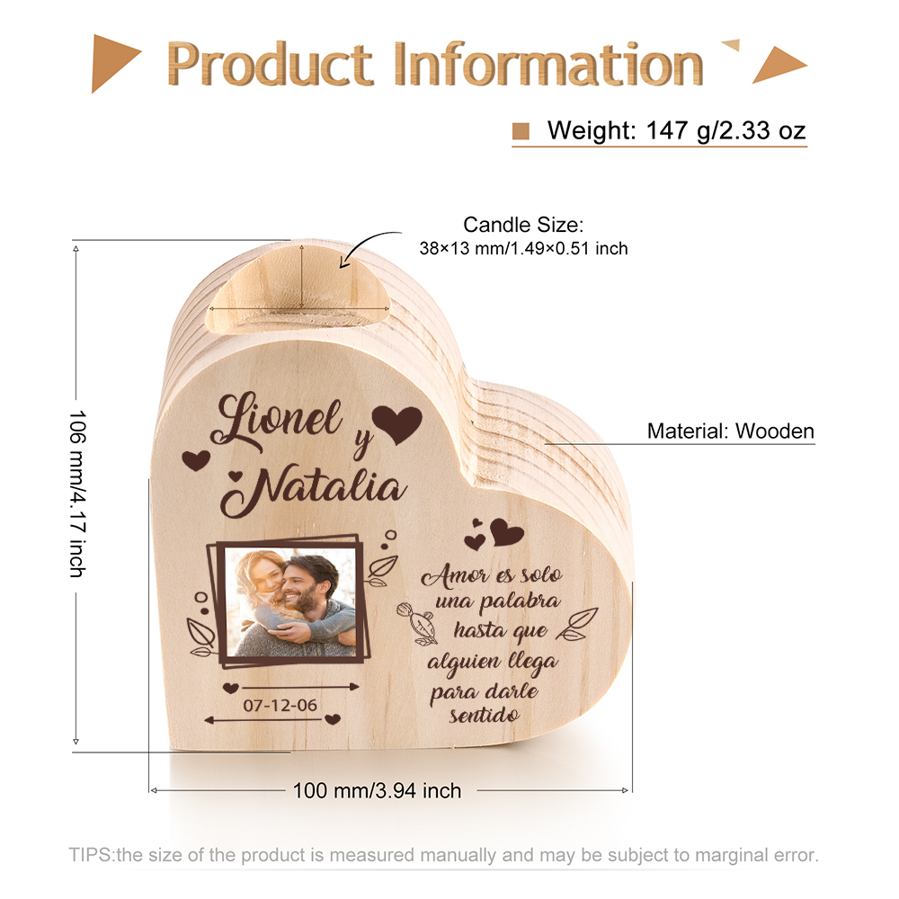 Candelero de madera con foto para pareja sin vela personalizado con texto y fecha-Jessemade ES