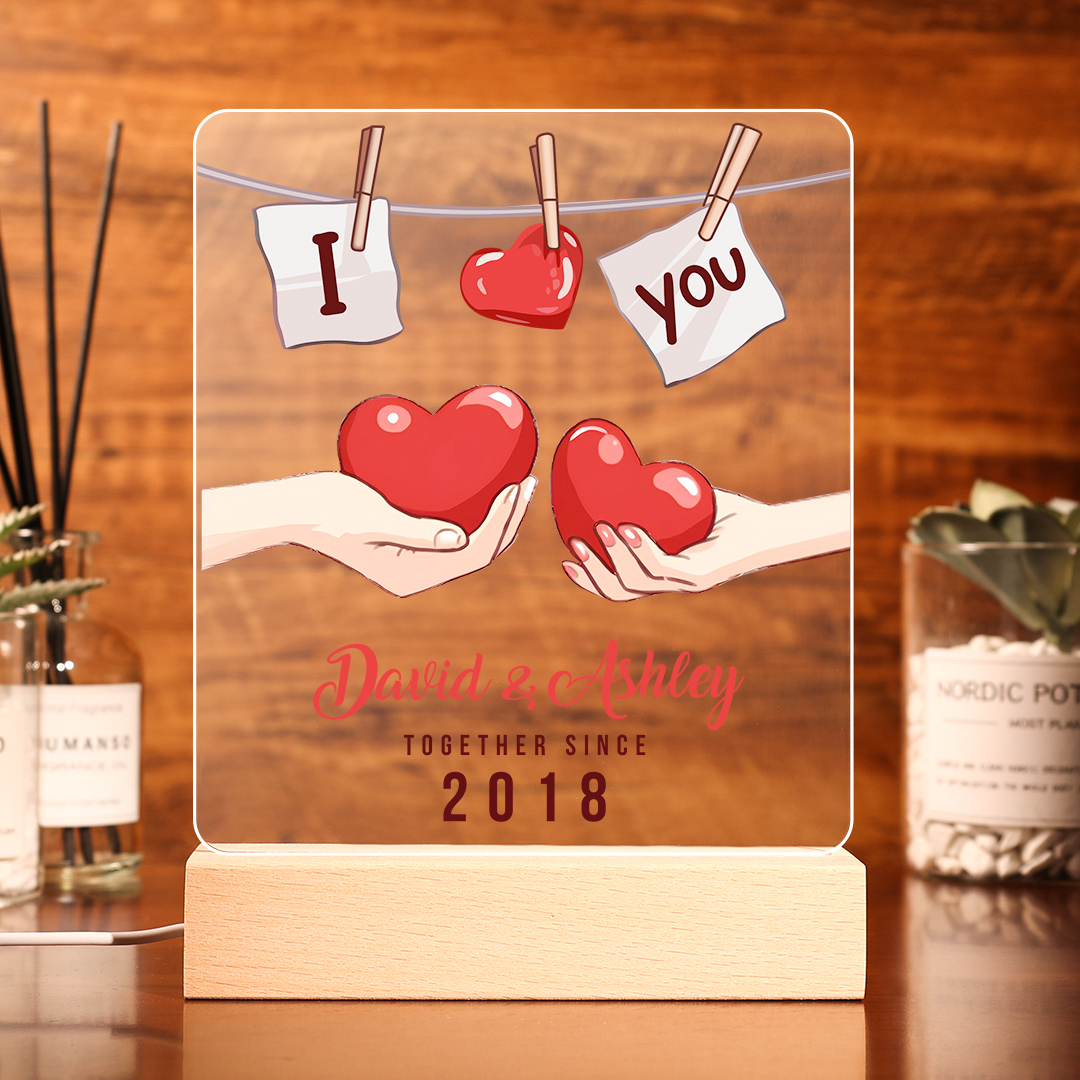Lámpara corazones para pareja 3D Ilusión Luz de Noche LED 2 nombres, texto y año personalizados -Jessemade ES