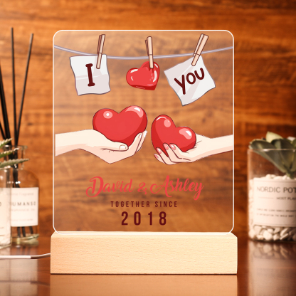 Lámpara corazones para pareja 3D Ilusión Luz de Noche LED 2 nombres, texto y año personalizados -Jessemade ES