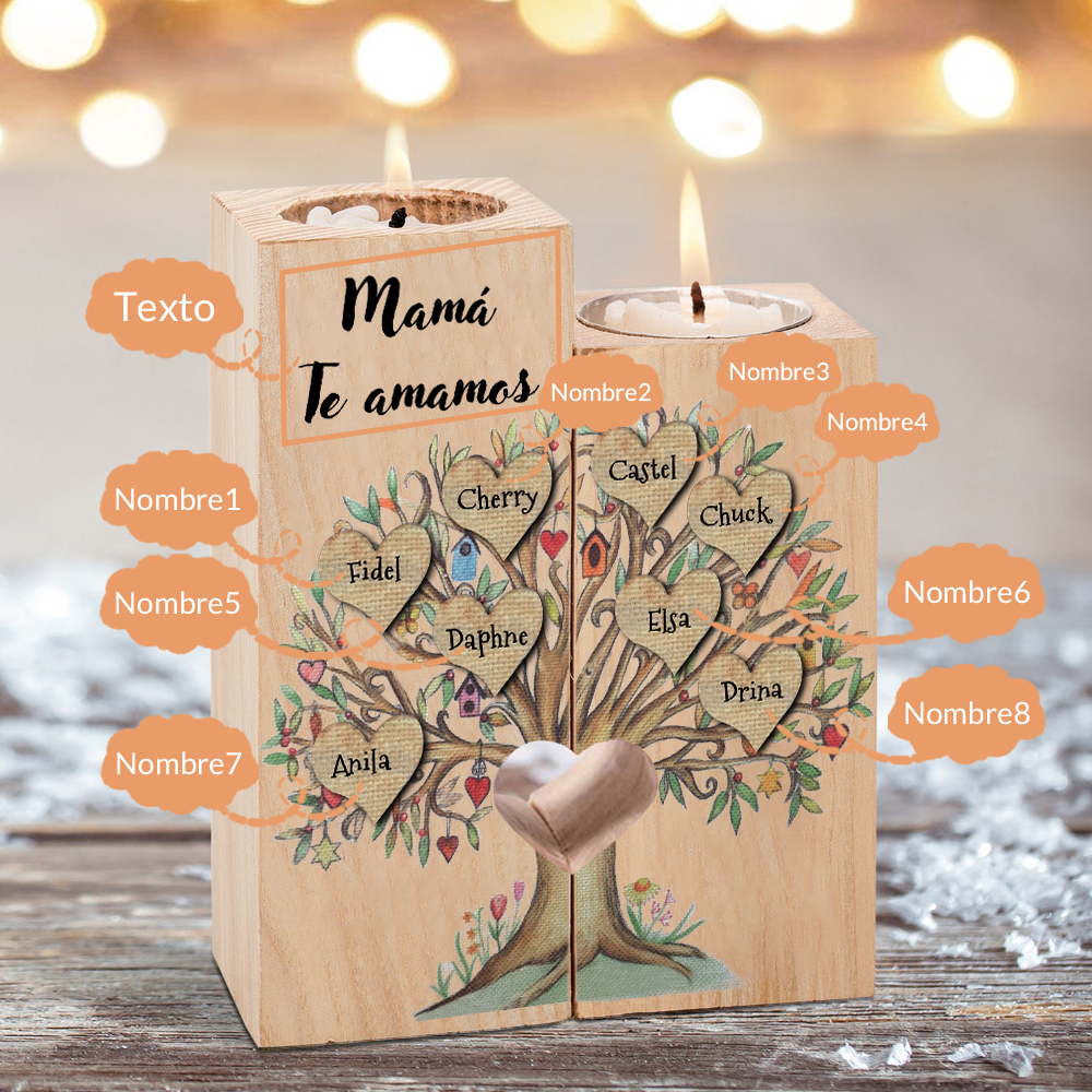 A la familia-Candelero de árbol de la vida de madera personalizado con 3-8 nombres y 1 texto sin vela-Jessemade ES