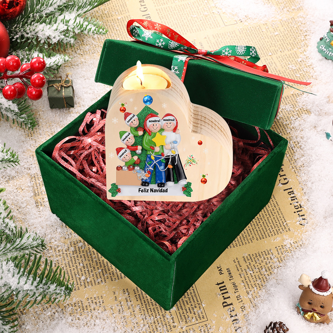 Navidad - Candelero de corazón de madera familia personalizado con 5 nombres y 1 texto sin vela