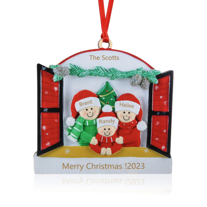Navidad-Ornamento muñecos navideño de madera familia de 3 y 2 textos y año personalizados adorno del árbol-Jessemade ES