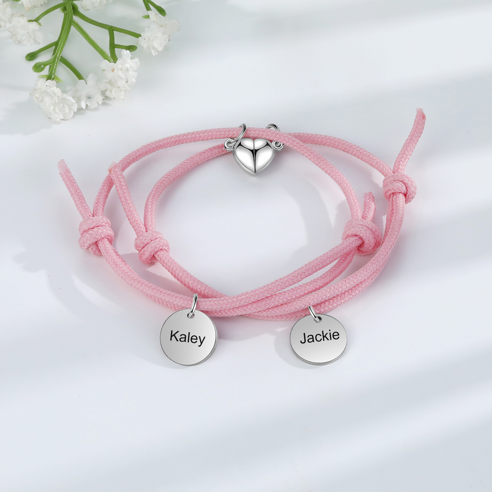 Pulseras de cuerda luminosa personalizadas para pareja con dije de corazón magnético grabado de dos nombres-Jessemade ES