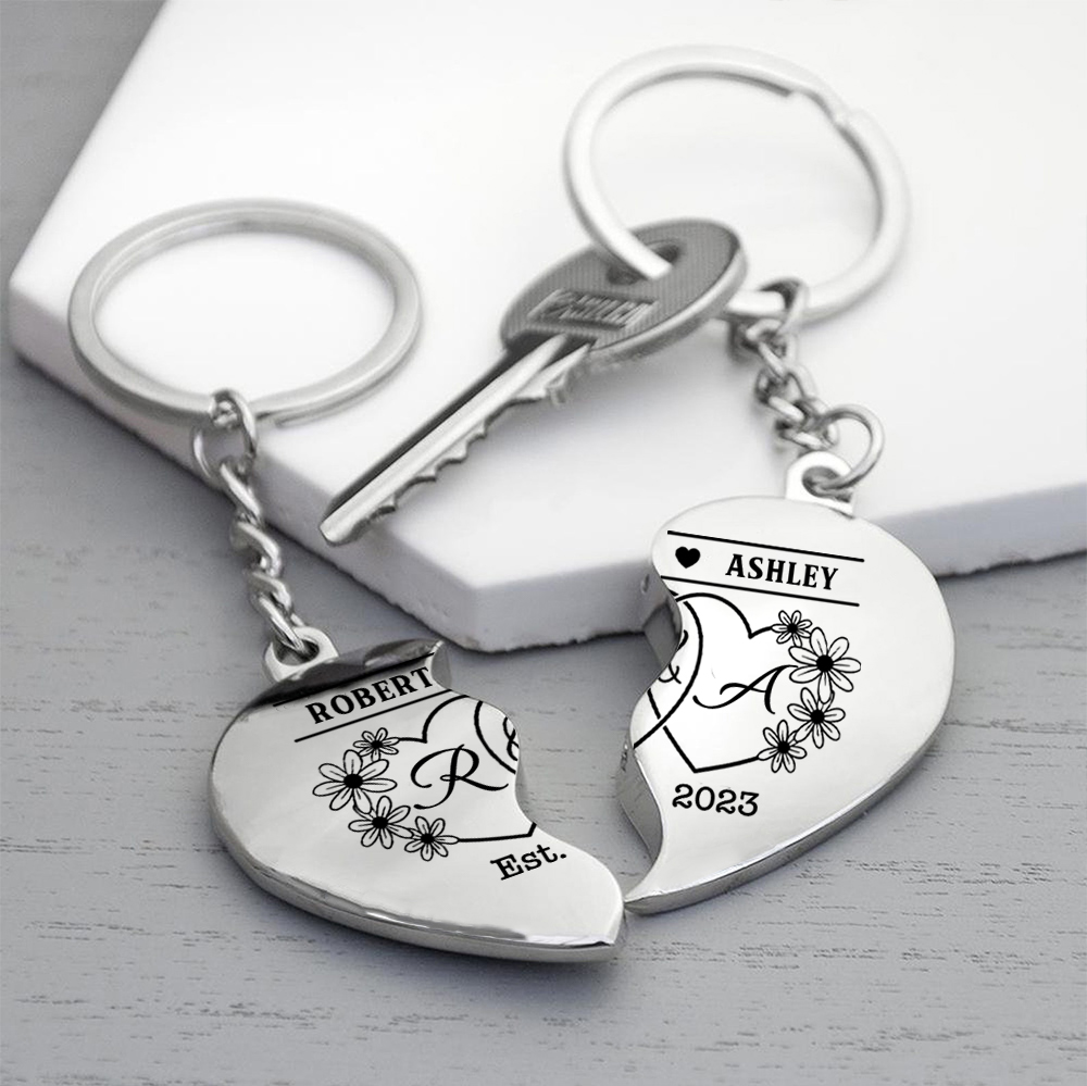 Llavero de corazón para pareja "Juntos un corazón completo" 2 nombres y 2 letras personalizados con año-Jessemade ES