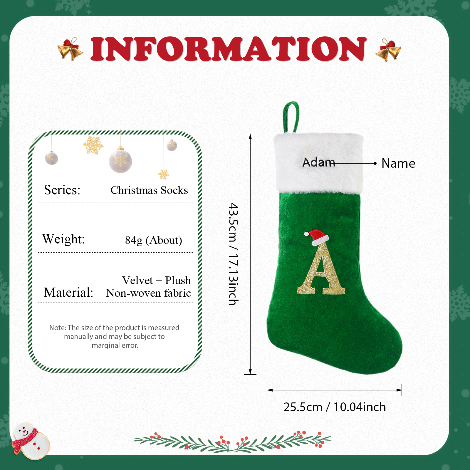 Adornos de medias navideñas con letra Bolsa de regalo 1 Nombre personalizado-Jessemade ES