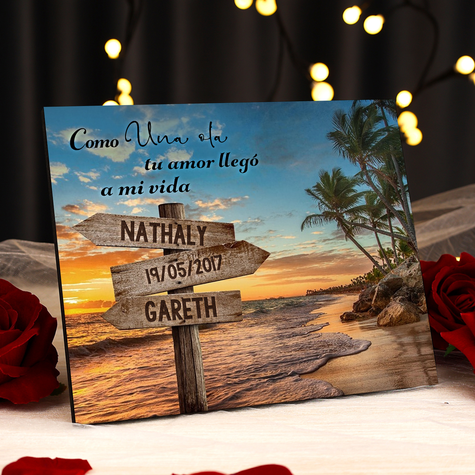Lámina playa marco de madera para pareja personalizado con 2 nombres y fecha-Jessemade ES