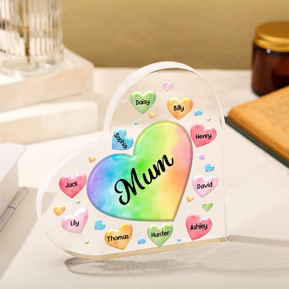 A mi mamá/abuela-Placa de acrílico "Corazones" en forma de corazón 10 nombres y 1 texto personalizados-Jessemade ES