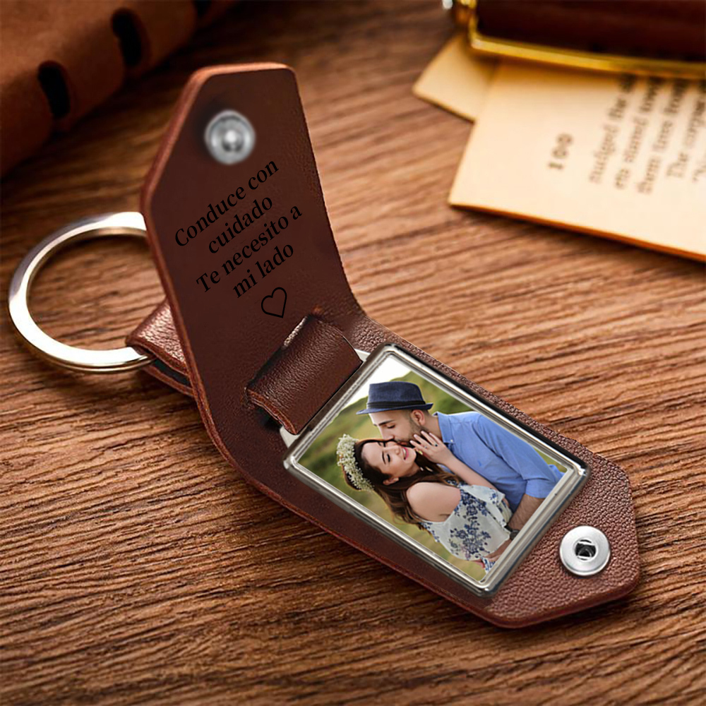 Llavero para pareja de cuero personalizado con 1 texto y foto-Jessemade ES