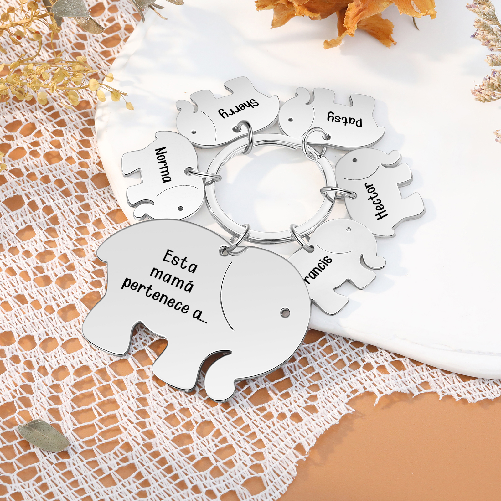 A mi mamá/abuela - Llavero con 5 nombres personalizados en elefantes con texto-Jessemade ES