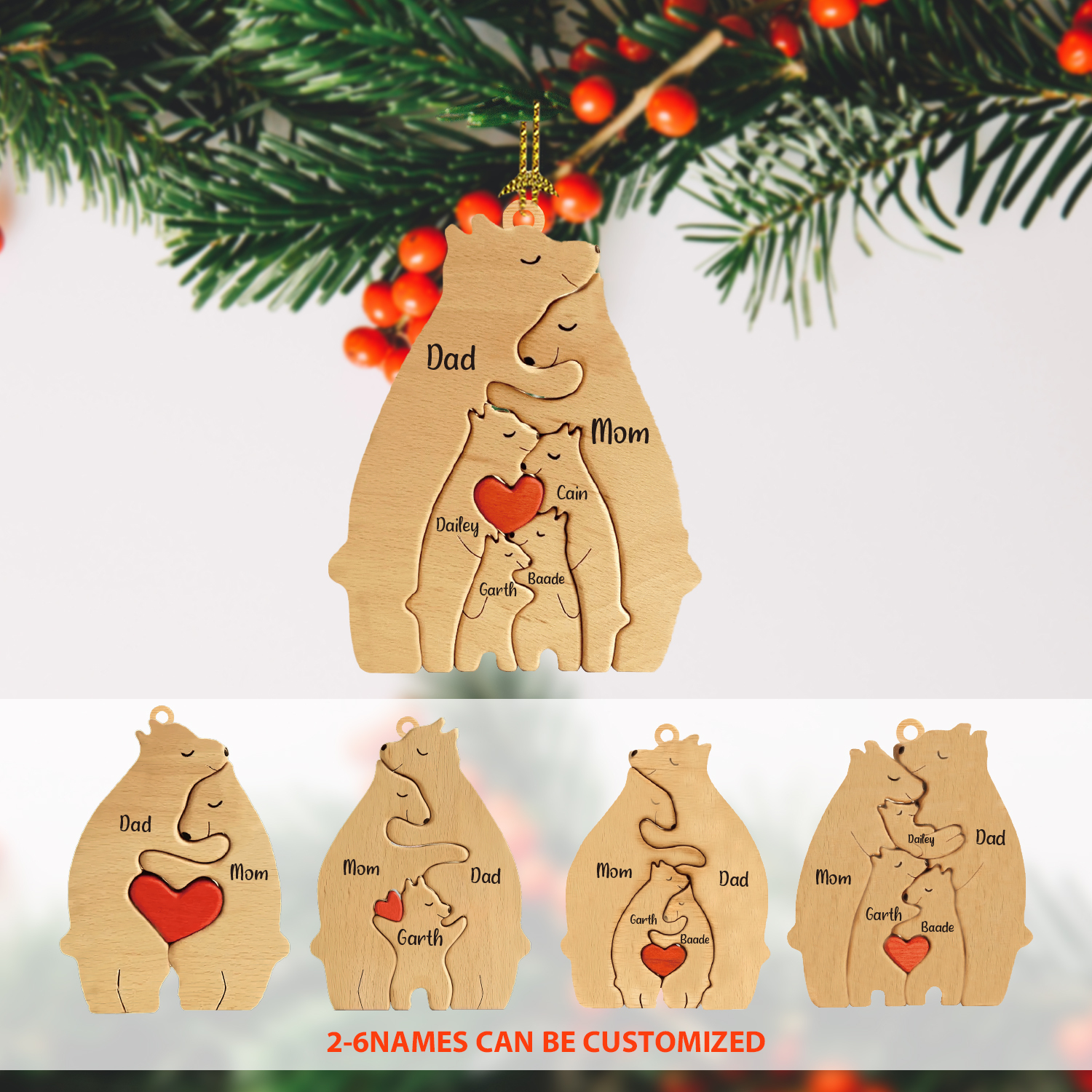 Navidad-Ornamento muñecos navideño de madera familia de canguros 3 nombres personalizados adorno del árbol-Jessemade ES