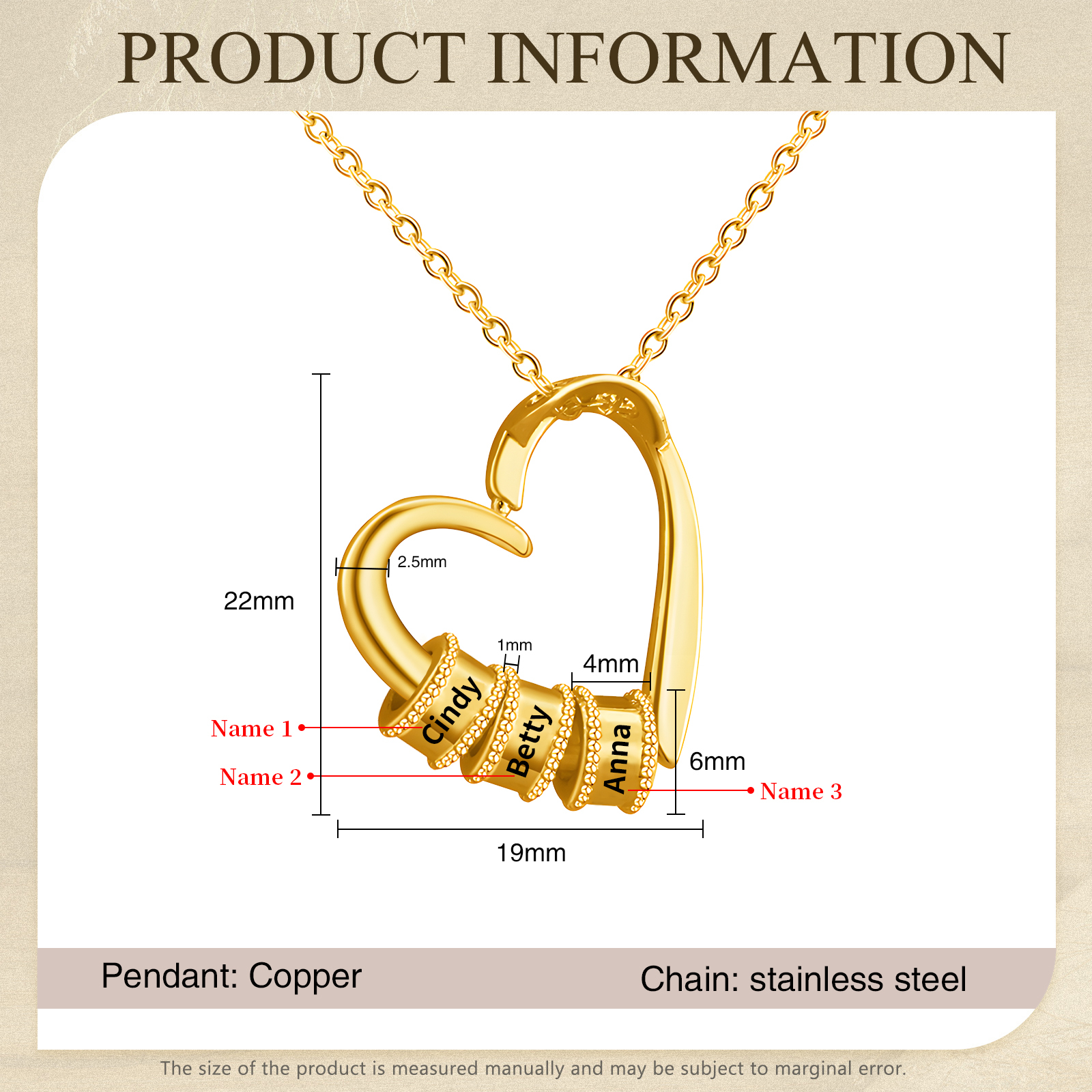 Collar colgante de corazón con 3 nombres personalizados en 3 aros-Jessemade ES