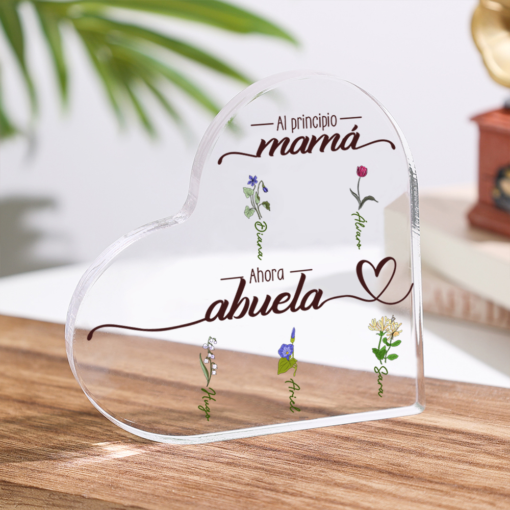 Abuela - Placa de acrílico en forma de corazón 2-10 nombres y flores personalizados