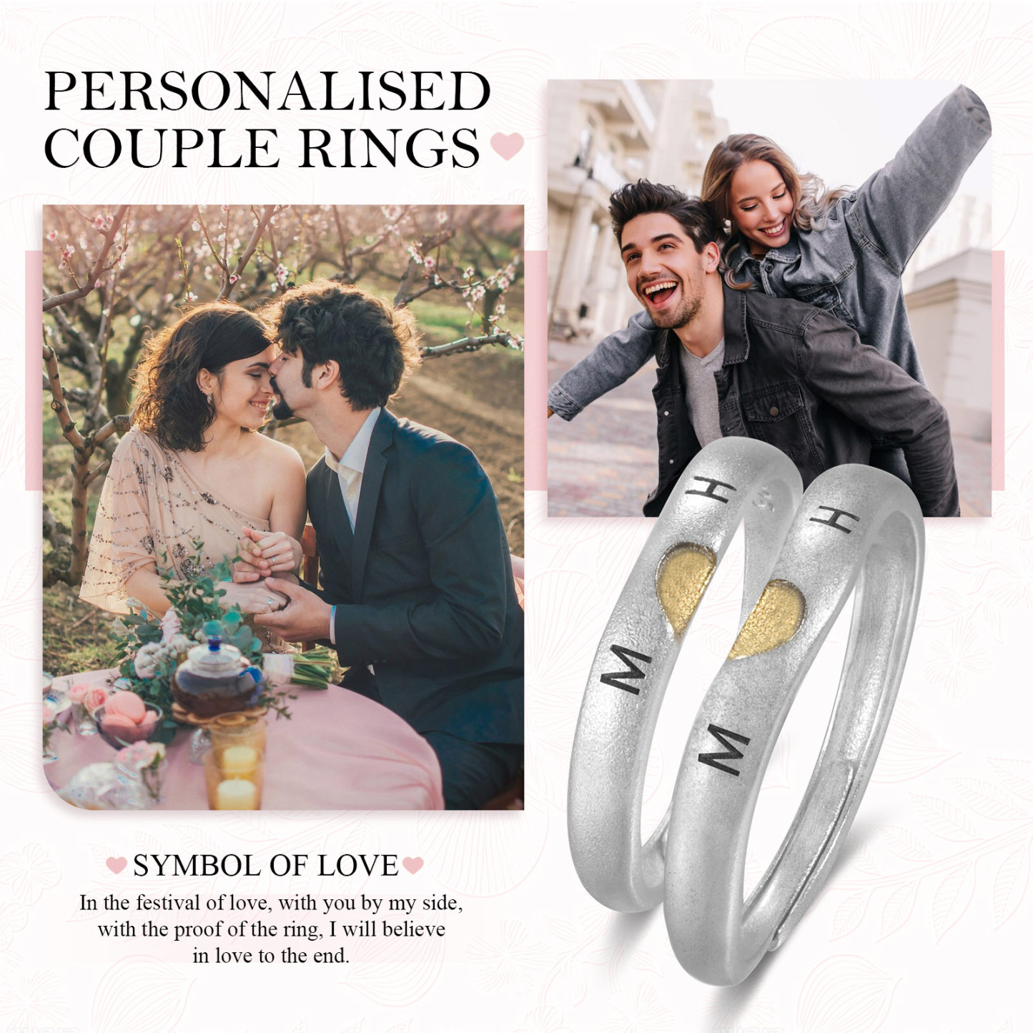 Anillos para Pareja de Corazón Plata 925 Personalizados de 2 Letras y Fecha Anillos Ajustables Alianza-Jessemade ES
