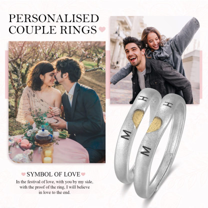 Anillos para Pareja de Corazón Plata 925 Personalizados de 2 Letras y Fecha Anillos Ajustables Alianza-Jessemade ES