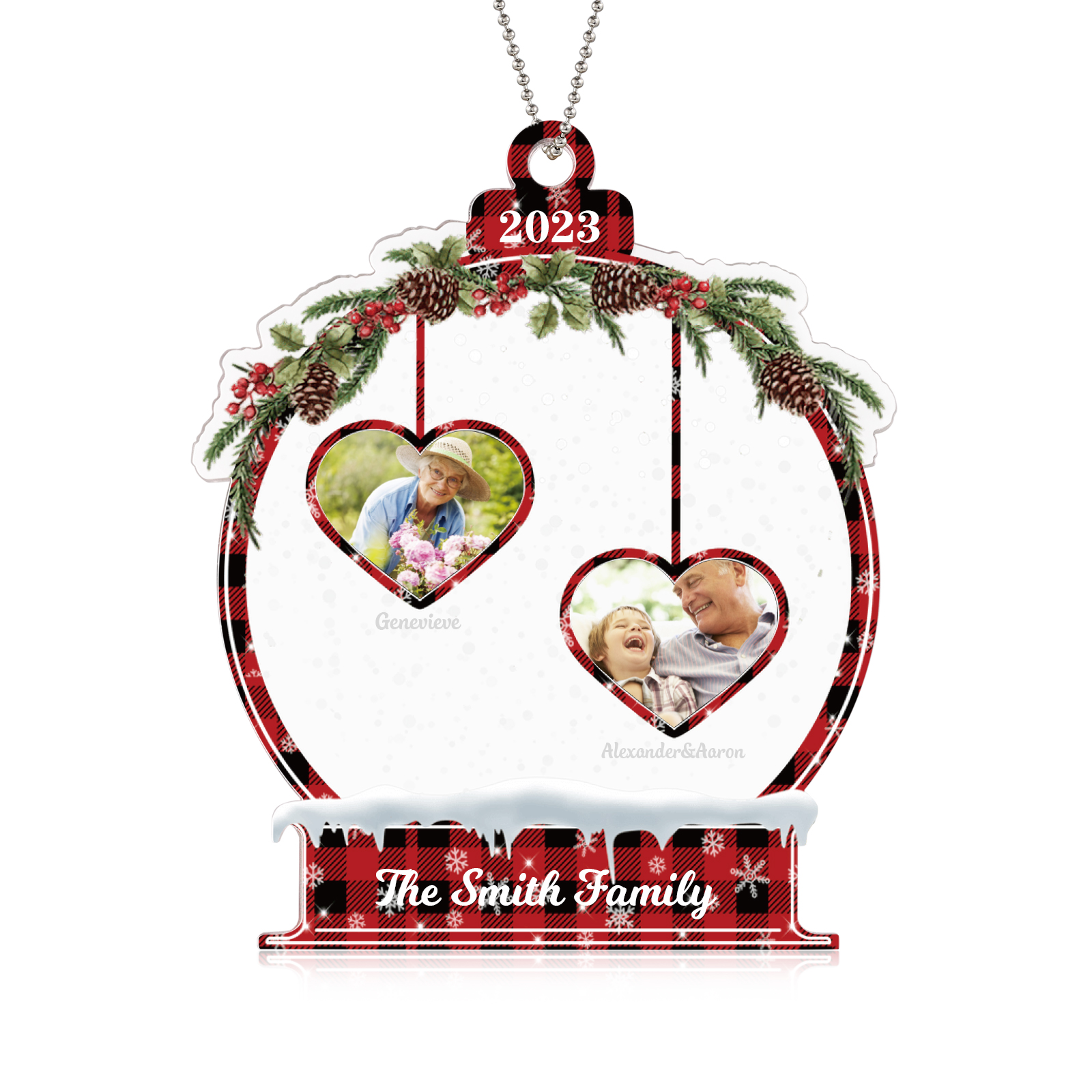 Navidad-Ornamento navideño de acrílico bola de cristal con 2 nombres, 2 fotos y 1 texto personalizados-Jessemade ES