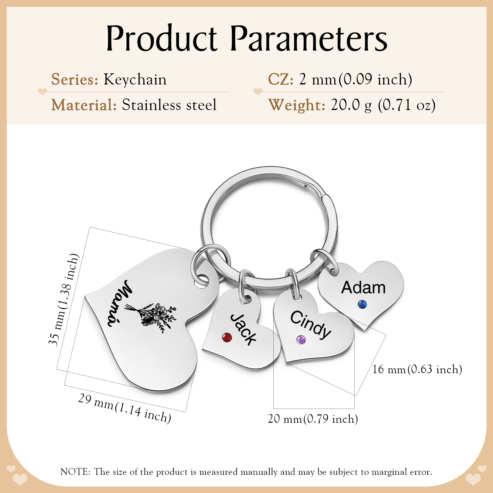 A mi mamá/abuela - Llavero con 3 nombres y piedras de nacimiento personalizados en corazones con texto y flor-Jessemade ES