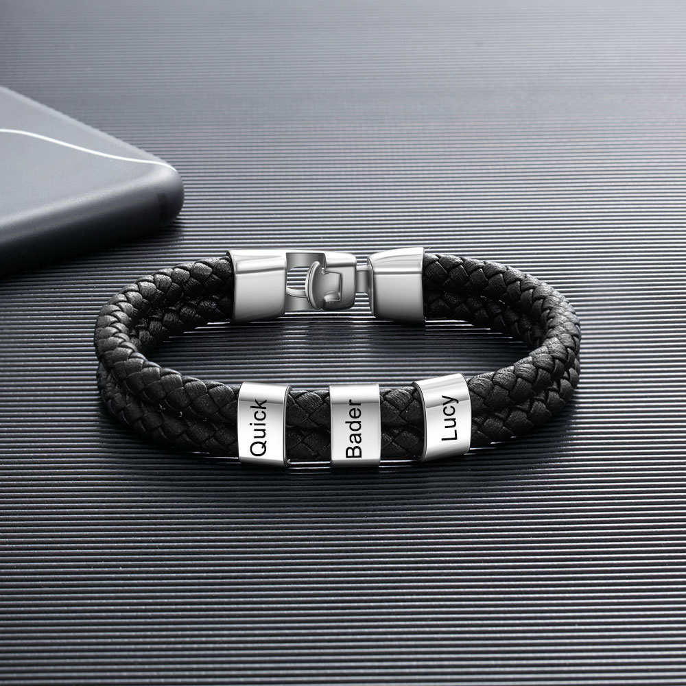 Pulsera 1-8 Nombres Personalizados de Cuero Trenzado con Aros-Jessemade ES