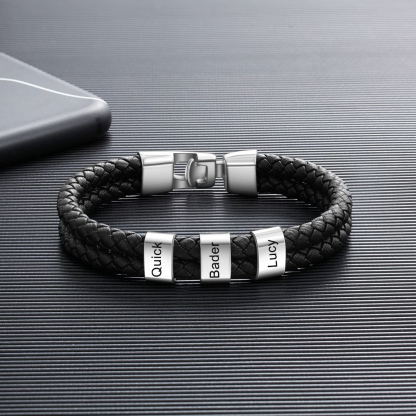 Pulsera 1-8 Nombres Personalizados de Cuero Trenzado con Aros-Jessemade ES
